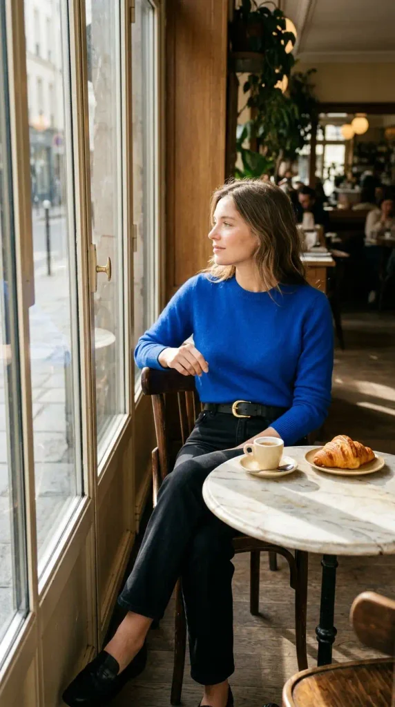 Woman in black jeans, a cobalt sweater, and a buckle belt seated at a café