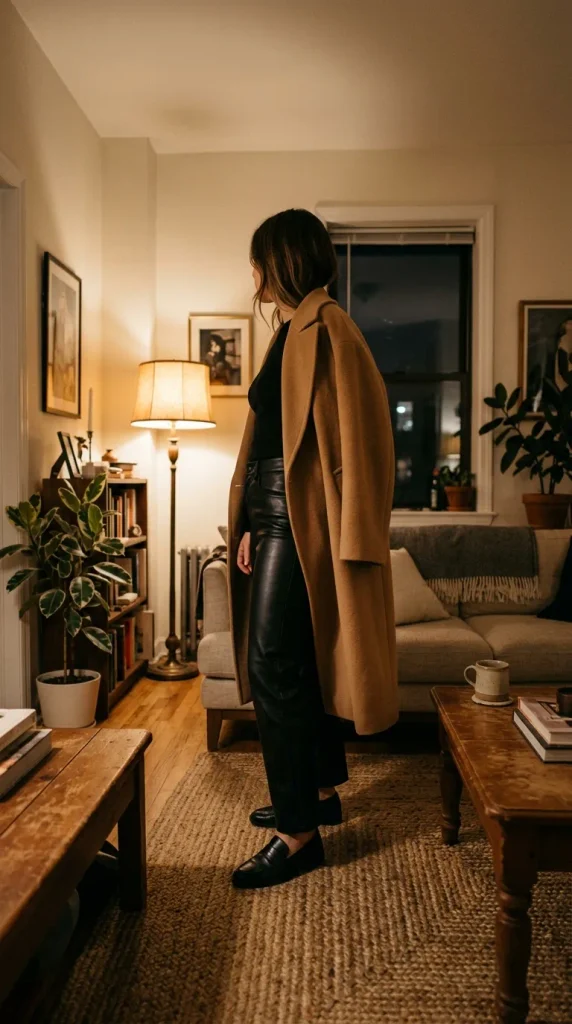 Woman in faux leather pants, black tee, and camel coat over her shoulders, a Friendsgiving outfit idea