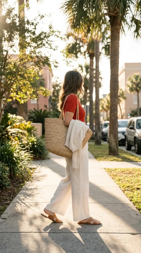 Woman in ivory linen pants and a red top on a palm-lined street, a warm weather Christmas outfit