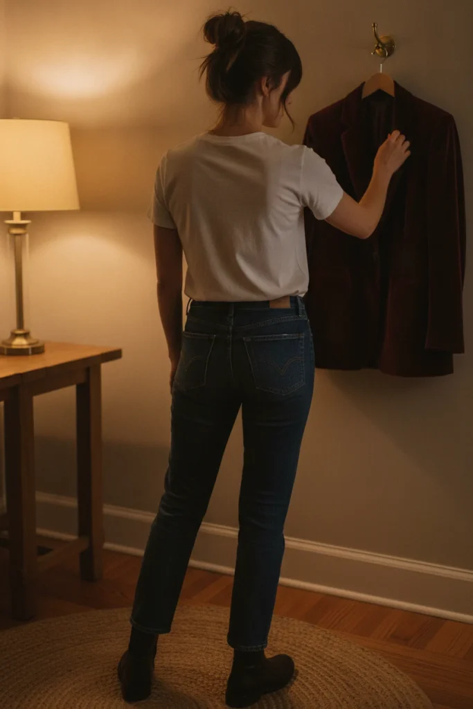 Woman in jeans and a white tee reaching for a burgundy velvet blazer before a casual holiday party