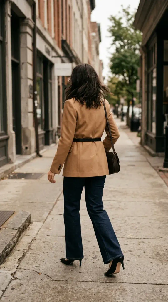 Woman in wide-leg jeans and a belted camel blazer walking a city sidewalk