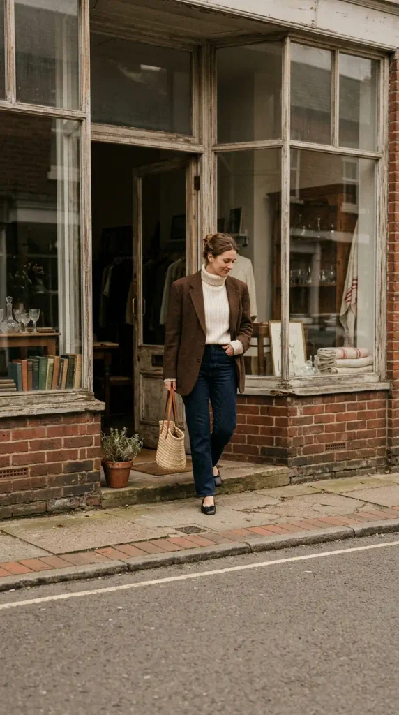 Woman leaving a thrift shop in a secondhand brown wool blazer and jeans, a vintage capsule find