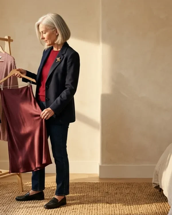 Woman over 50 choosing Valentine's Day outfits from a capsule rack with a navy blazer, red knit and satin skirt