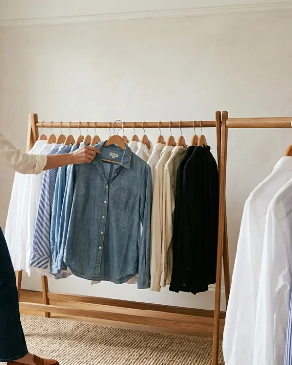 Woman over 50 choosing button-down shirts from a wooden rack, wearing an ivory shirt with jeans and loafers