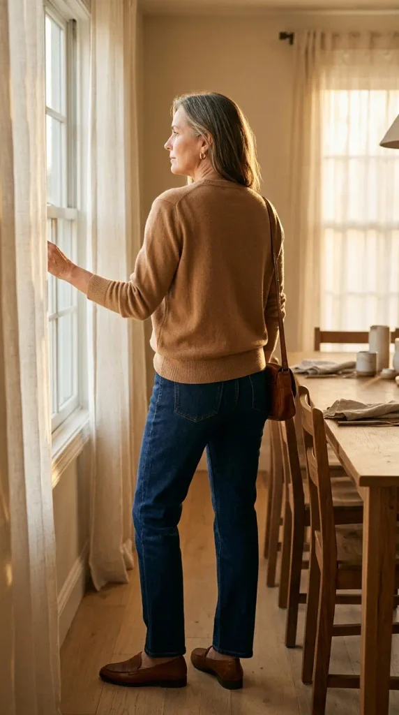 Woman over 50 in a camel sweater, dark jeans, and loafers by a window before Thanksgiving dinner