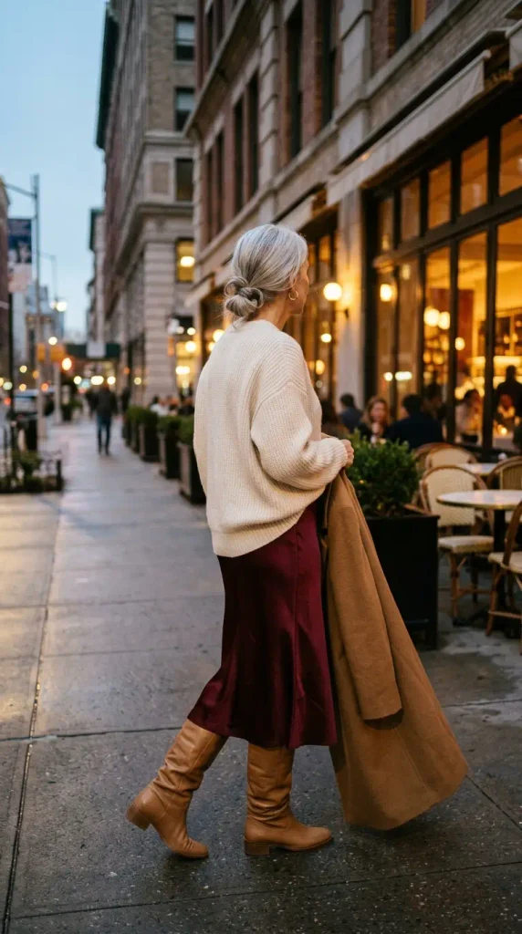 Woman over 50 in a cream sweater and wine satin midi skirt walking to Valentine's dinner at dusk