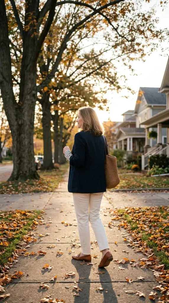 Woman over 50 walking in a navy blazer, striped tee, and cream trousers on a fall sidewalk