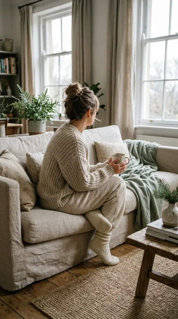 Woman relaxing on a sofa in an oatmeal knit set with a mug, a cozy Thanksgiving outfit at home