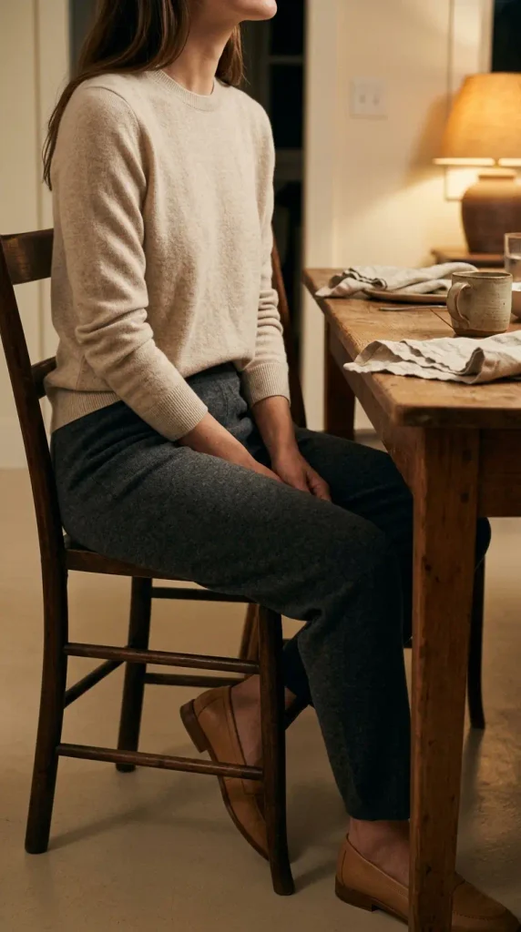 Woman seated at a dinner table in charcoal pull on trousers and an oat knit, a comfortable Thanksgiving outfit