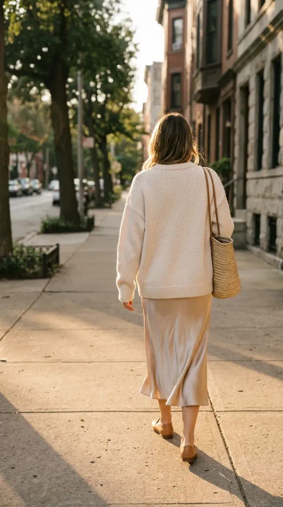 Woman walking in a champagne silk slip skirt and cream sweater, a fall 2026 capsule outfit
