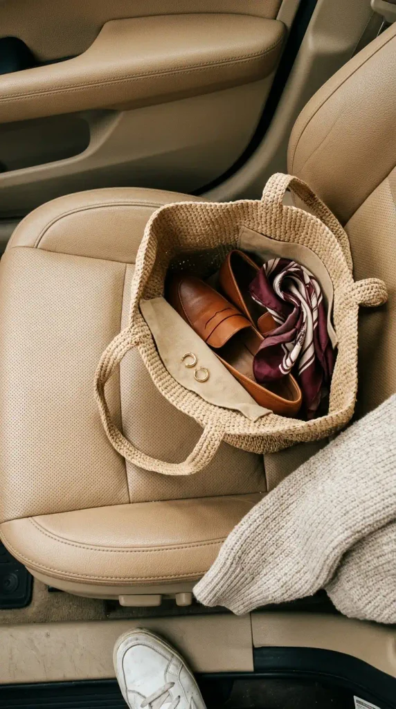Woven tote packed with loafers, gold hoops, and a scarf for a Thanksgiving travel-day outfit swap